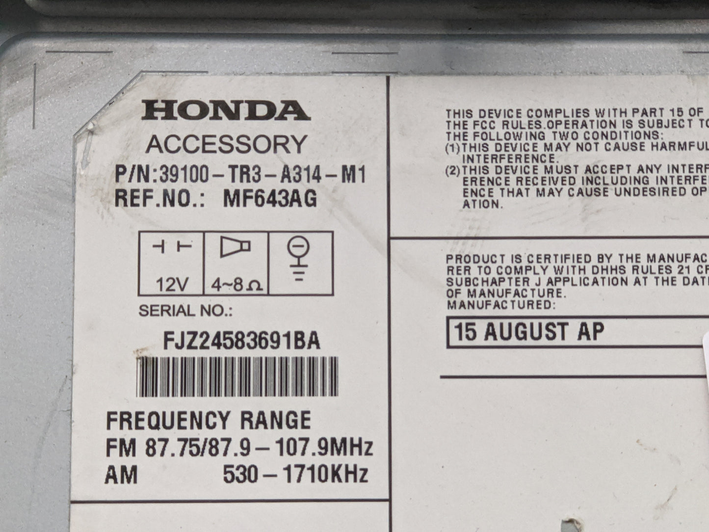 2013-2015 Honda Civic Radio AM FM Cd Player Receiver Replacement P/N:39100-TR3-A314-M1 Fits Fits 2013 2014 2015 OEM Used Aut