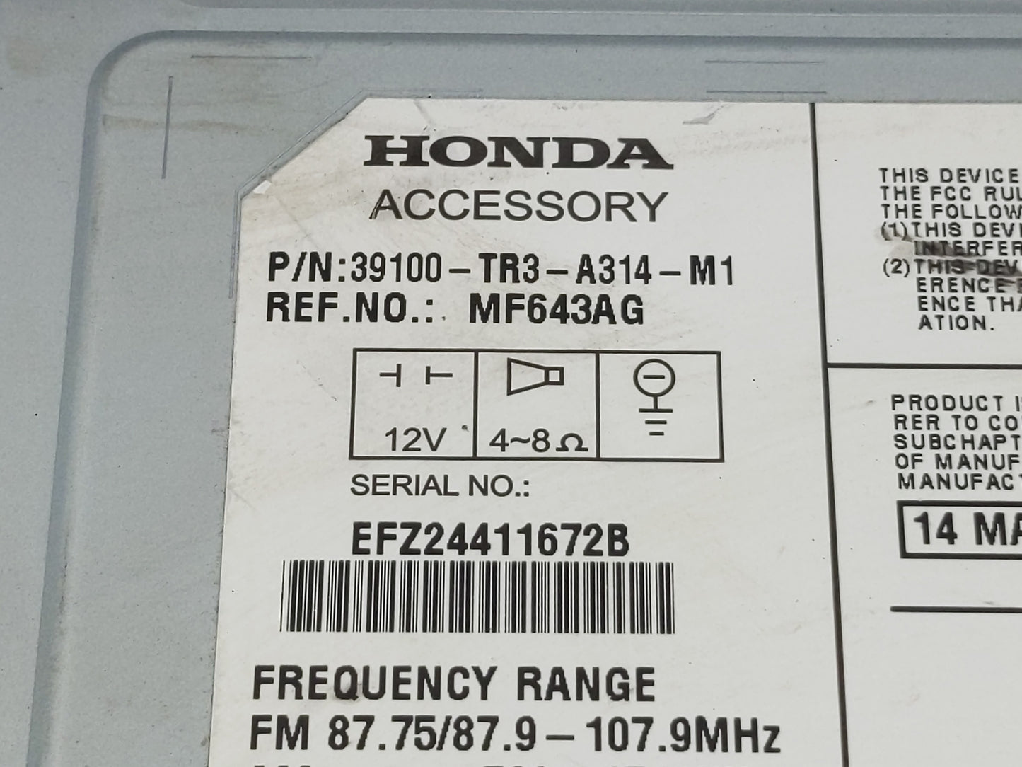 2013-2015 Honda Civic Radio AM FM Cd Player Receiver Replacement P/N:39100-TR3-A314-M1 Fits Fits 2013 2014 2015 OEM Used Aut