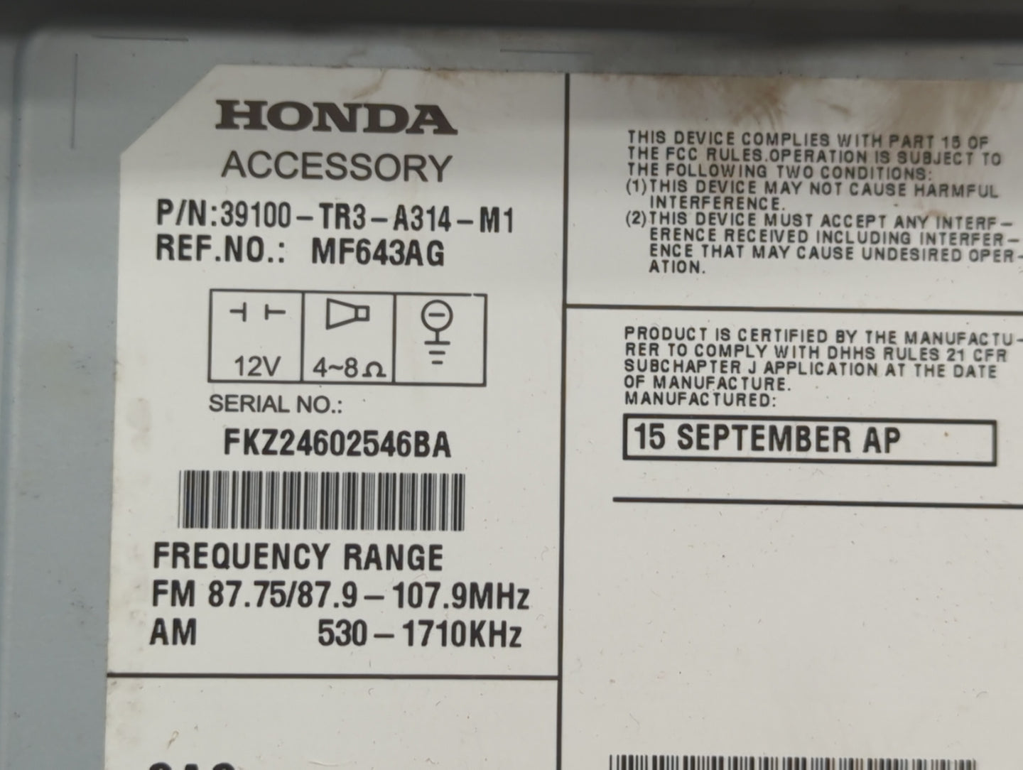 2013-2015 Honda Civic Radio AM FM Cd Player Receiver Replacement P/N:39100-TR3-A314-M1 Fits Fits 2013 2014 2015 OEM Used Aut