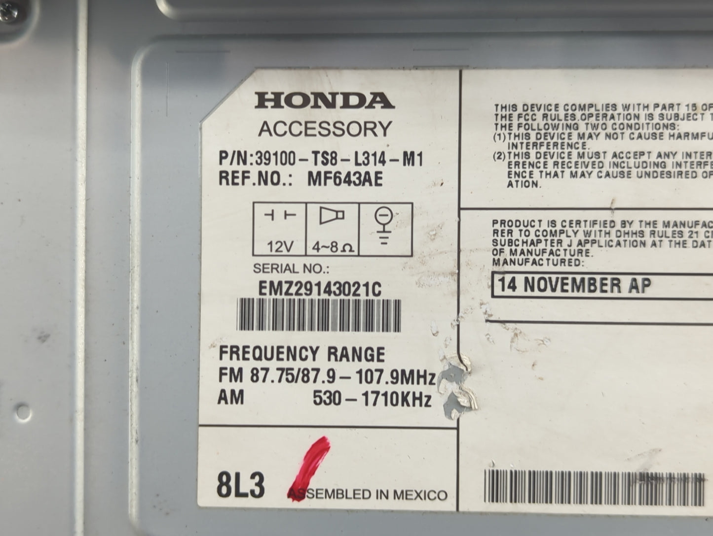 2013-2015 Honda Civic Radio AM FM Cd Player Receiver Replacement P/N:39100-TS8-L314-M1 Fits Fits 2013 2014 2015 OEM Used Aut