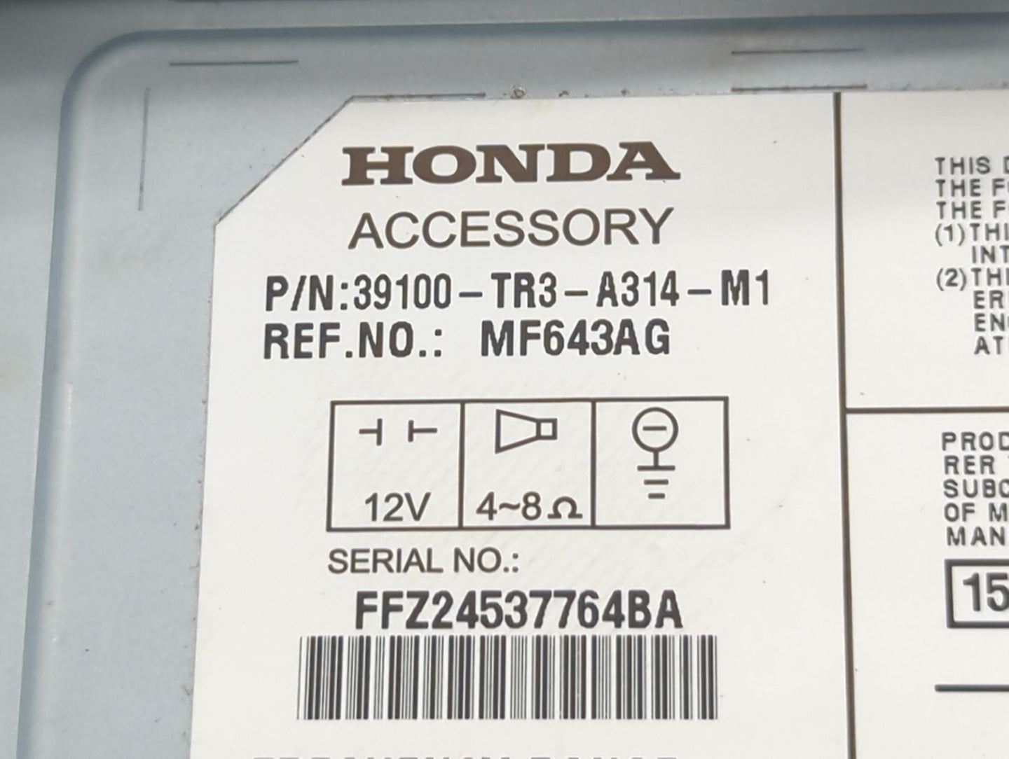 2013-2015 Honda Civic Radio AM FM Cd Player Receiver Replacement P/N:39100-TR3-A314-M1 Fits Fits 2013 2014 2015 OEM Used Aut