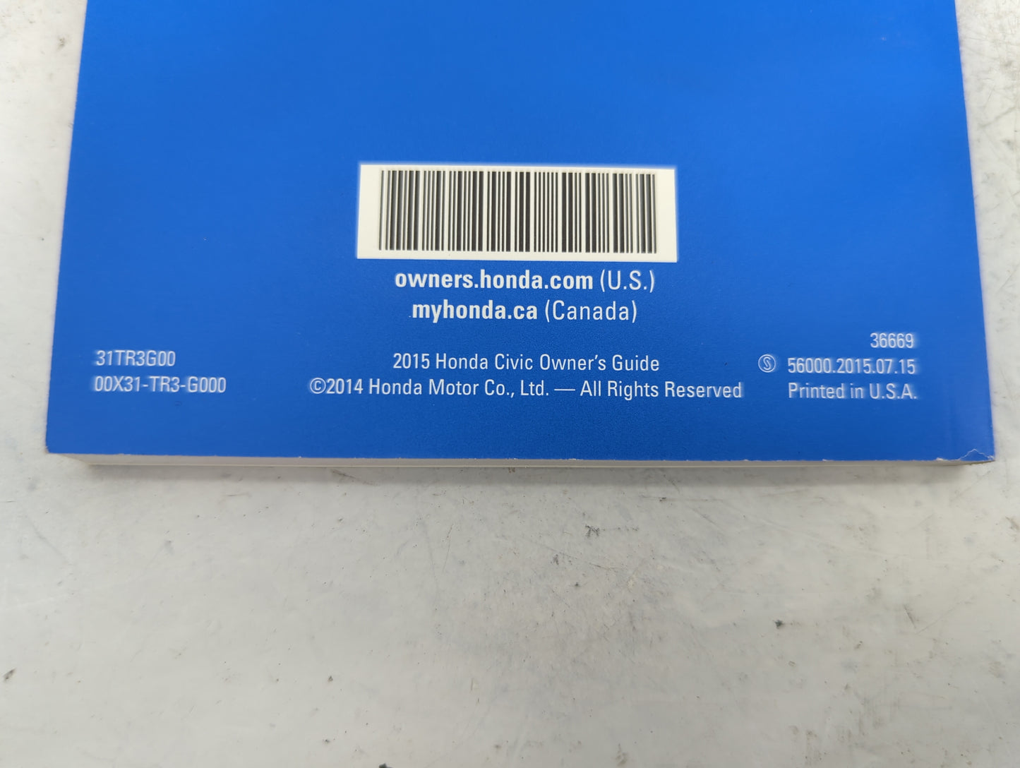 2015 Honda Civic Owners Manual Book Guide P/N:31TR3G00 00X31-TR3-G000, 00X31-TR3-E010 OEM Used Auto Parts - Oemusedautoparts