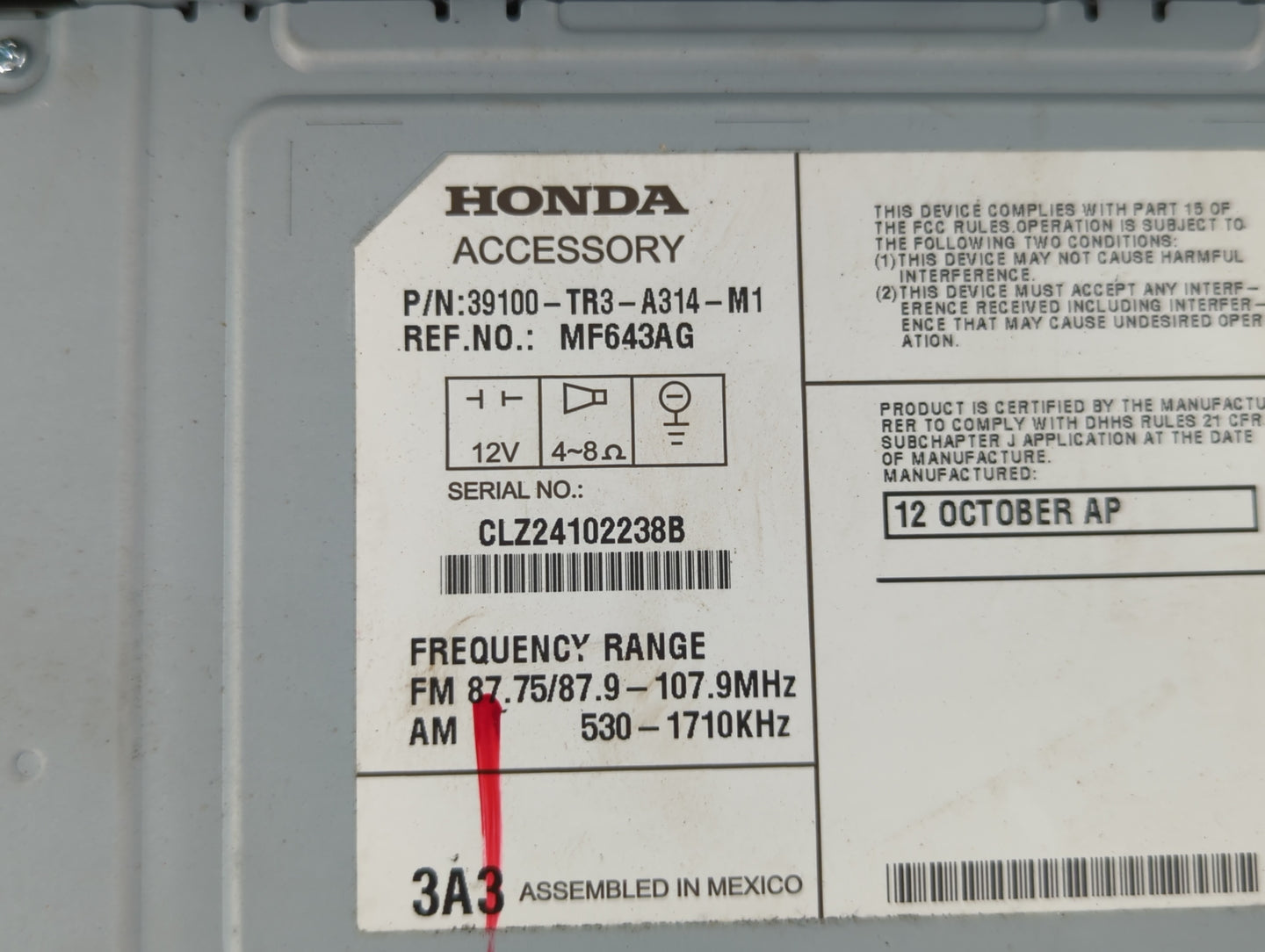 2013-2015 Honda Civic Radio AM FM Cd Player Receiver Replacement P/N:78260-TR0-A130-M1 39100-TR3-A314-M1 Fits Fits 2013 2014