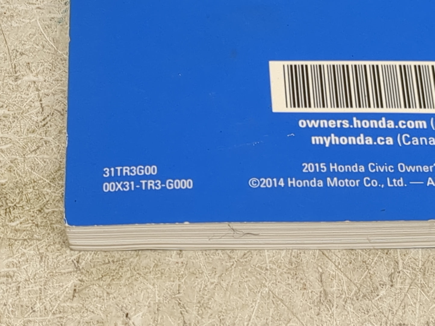 2015 Honda Civic Owners Manual Book Guide P/N:00X31-TR3-G000 31TR3G00 OEM Used Auto Parts - Oemusedautoparts1.com