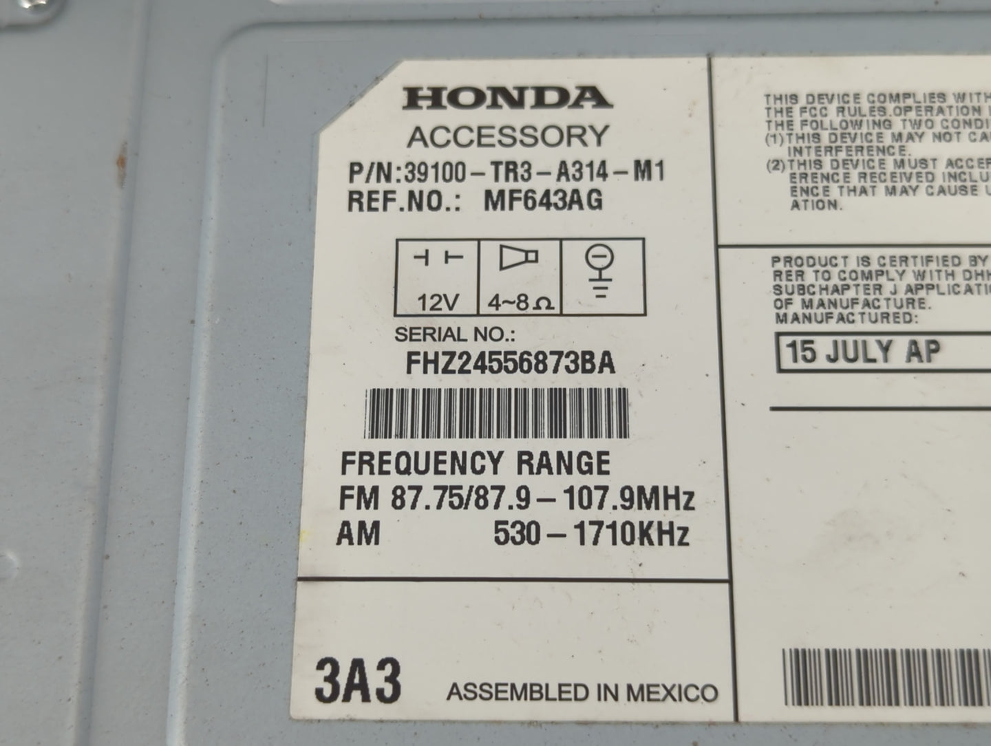 2013-2015 Honda Civic Am Fm Cd Player Radio Receiver - Oemusedautoparts1.com