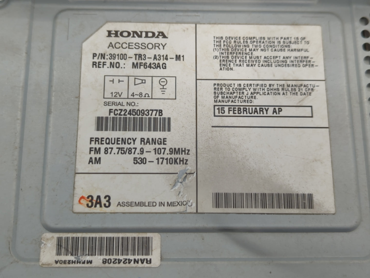 2013-2015 Honda Civic Radio AM FM Cd Player Receiver Replacement P/N:39100-TR3-A314-M1 Fits Fits 2013 2014 2015 OEM Used Aut