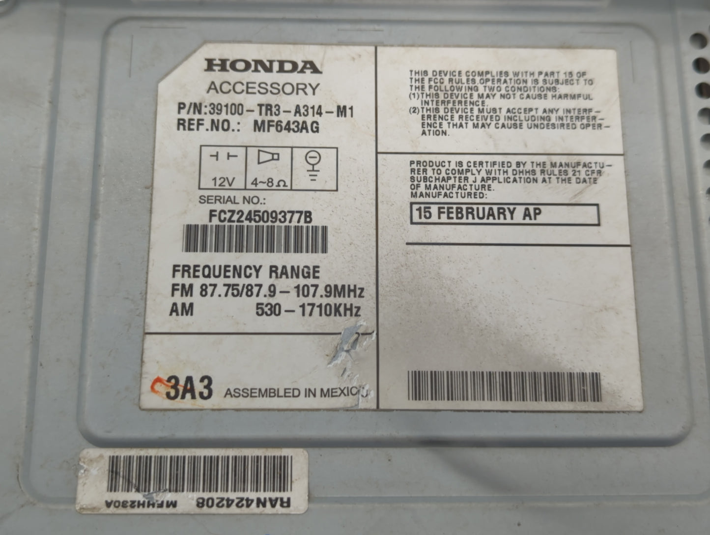 2013-2015 Honda Civic Radio AM FM Cd Player Receiver Replacement P/N:39100-TR3-A314-M1 Fits Fits 2013 2014 2015 OEM Used Aut