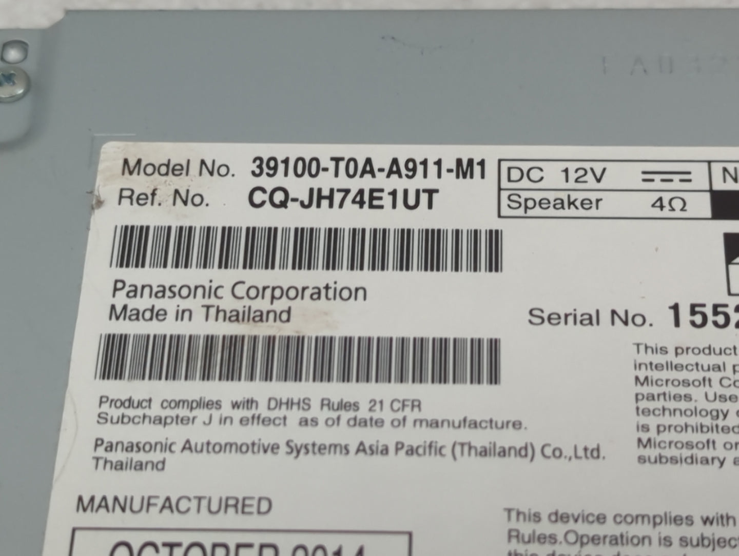 2015-2016 Honda Cr-V Radio AM FM Cd Player Receiver Replacement P/N:39100-T0A-A911-M1 Fits Fits 2015 2016 OEM Used Auto Part