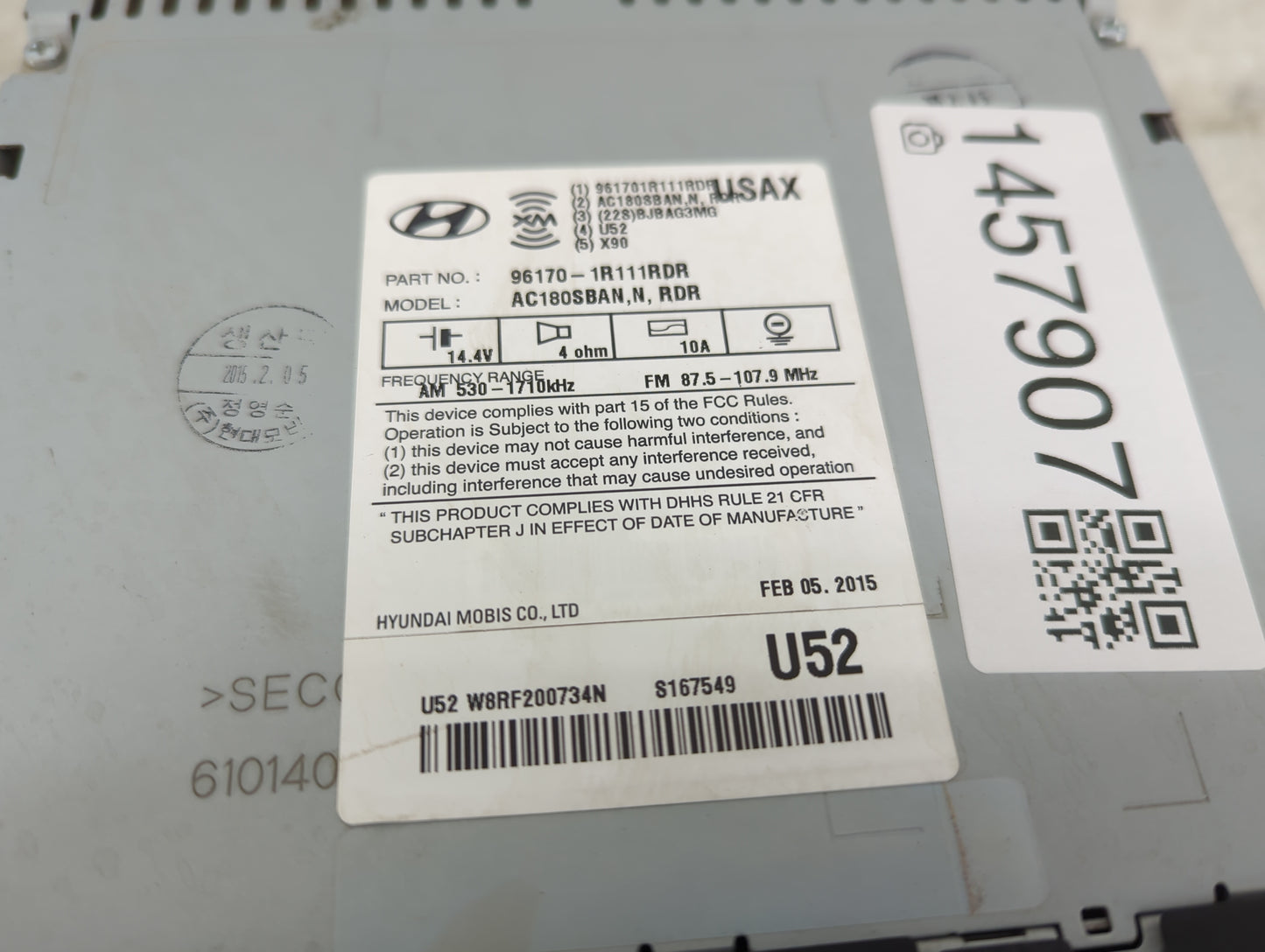 2015 Hyundai Accent Radio AM FM Cd Player Receiver Replacement P/N:96170-1R111RDR AC180SBAN, AC180SBANNRDR Fits OEM Used Aut