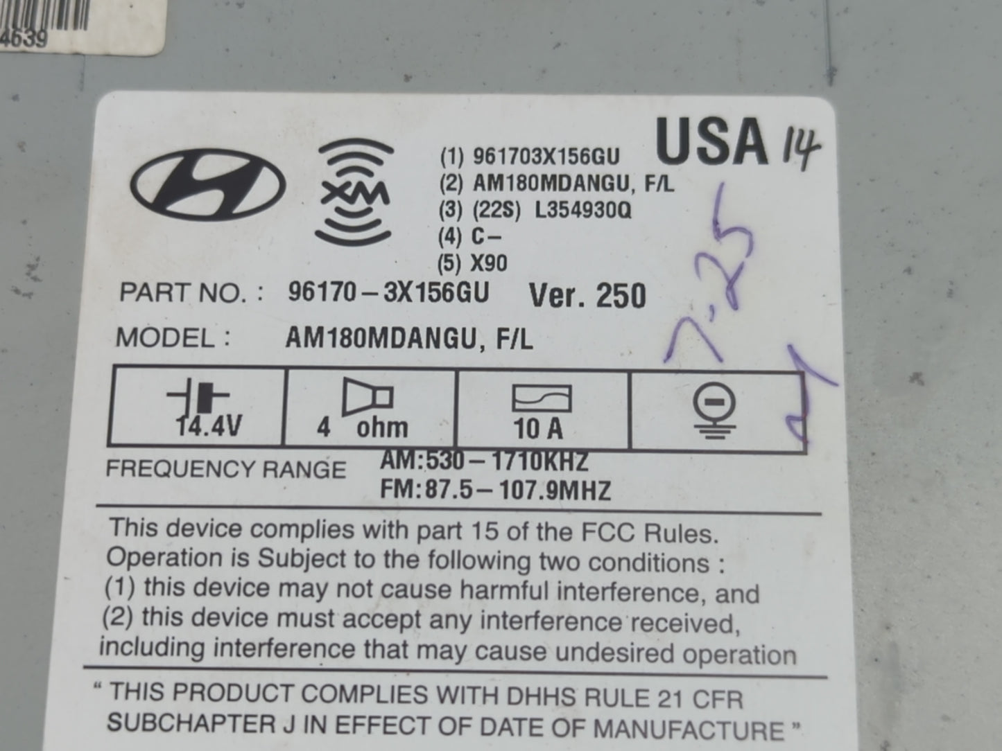 2014-2016 Hyundai Elantra Radio AM FM Cd Player Receiver Replacement P/N:96180-3X165GU Fits Fits 2014 2015 2016 OEM Used Aut