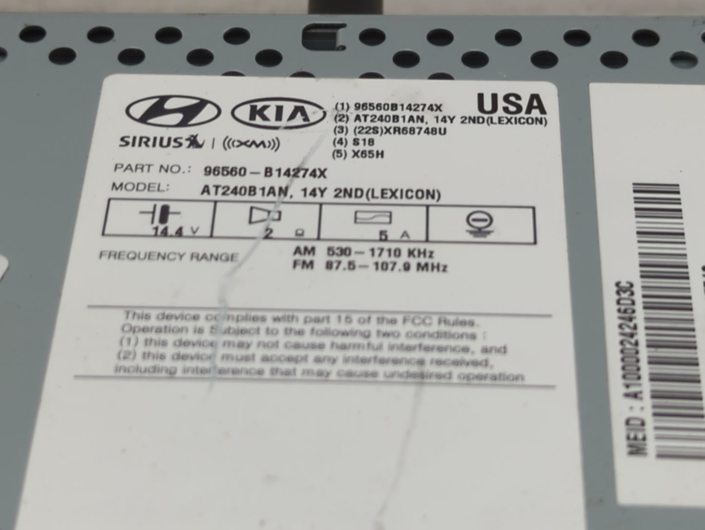 2015 Hyundai Genesis Radio AM FM Cd Player Receiver Replacement P/N:96560-B14274X Fits OEM Used Auto Parts - Oemusedautopart