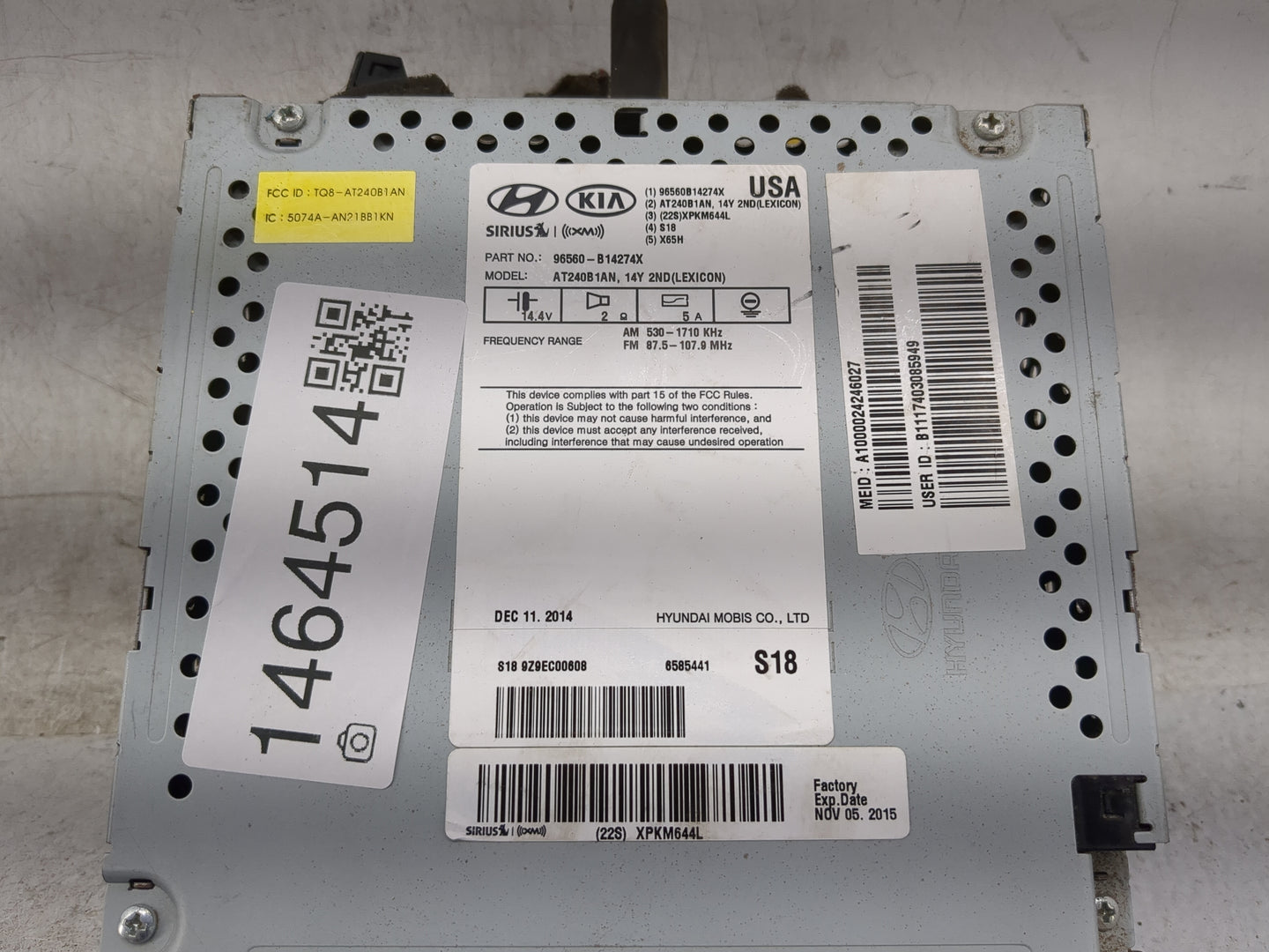 2015-2016 Hyundai Genesis Radio AM FM Cd Player Receiver Replacement P/N:96560-B14274X AT240B1AN, XPKM644L Fits Fits 2015 20
