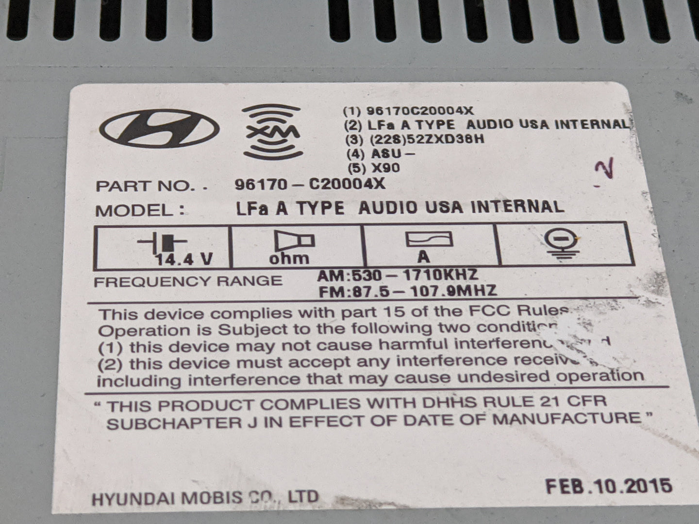 2015 Hyundai Sonata Radio AM FM Cd Player Receiver Replacement P/N:96170-C20004X Fits OEM Used Auto Parts - Oemusedautoparts