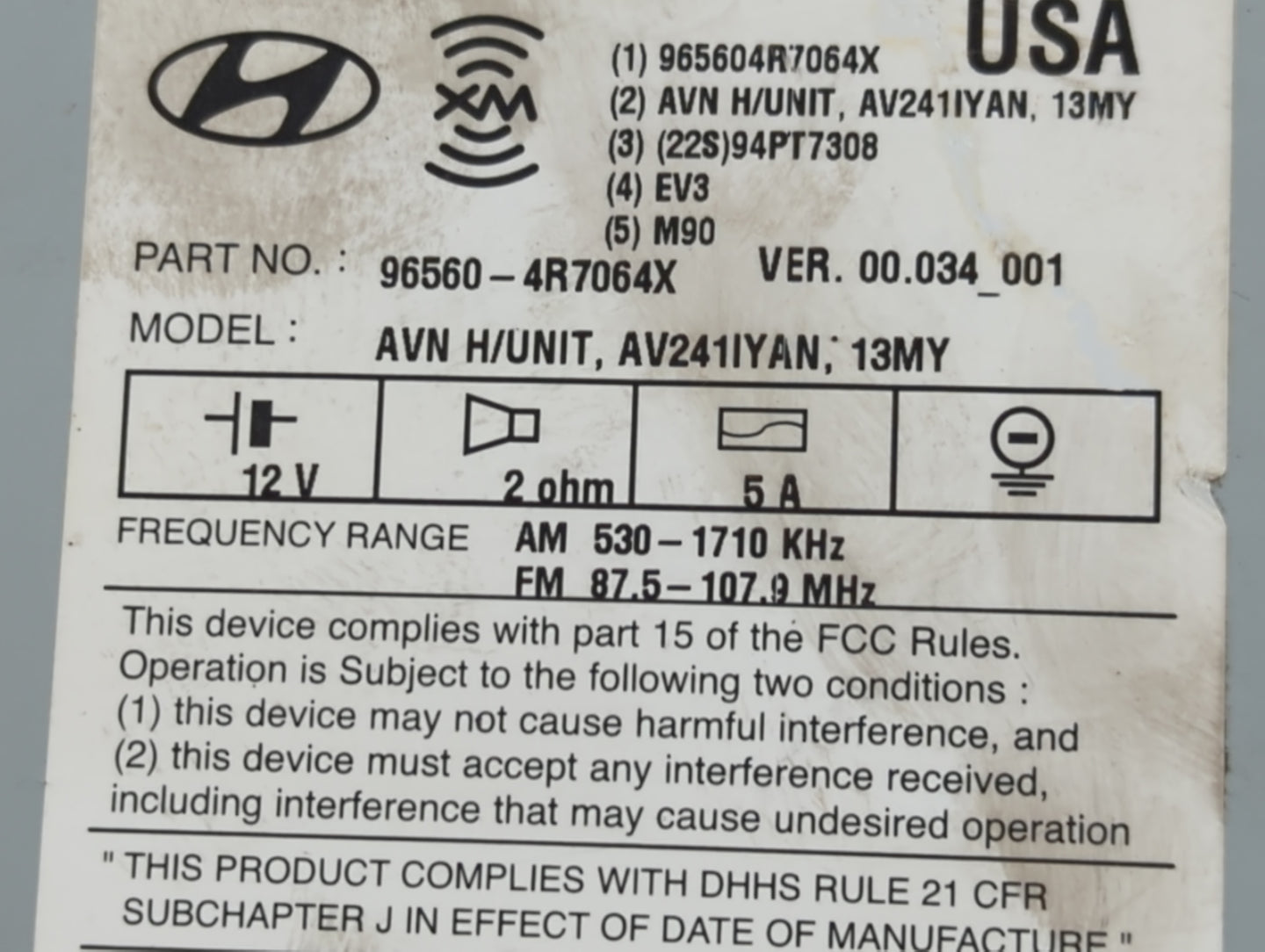 2015 Hyundai Sonata Radio AM FM Cd Player Receiver Replacement P/N:96560-4R7064X Fits OEM Used Auto Parts - Oemusedautoparts