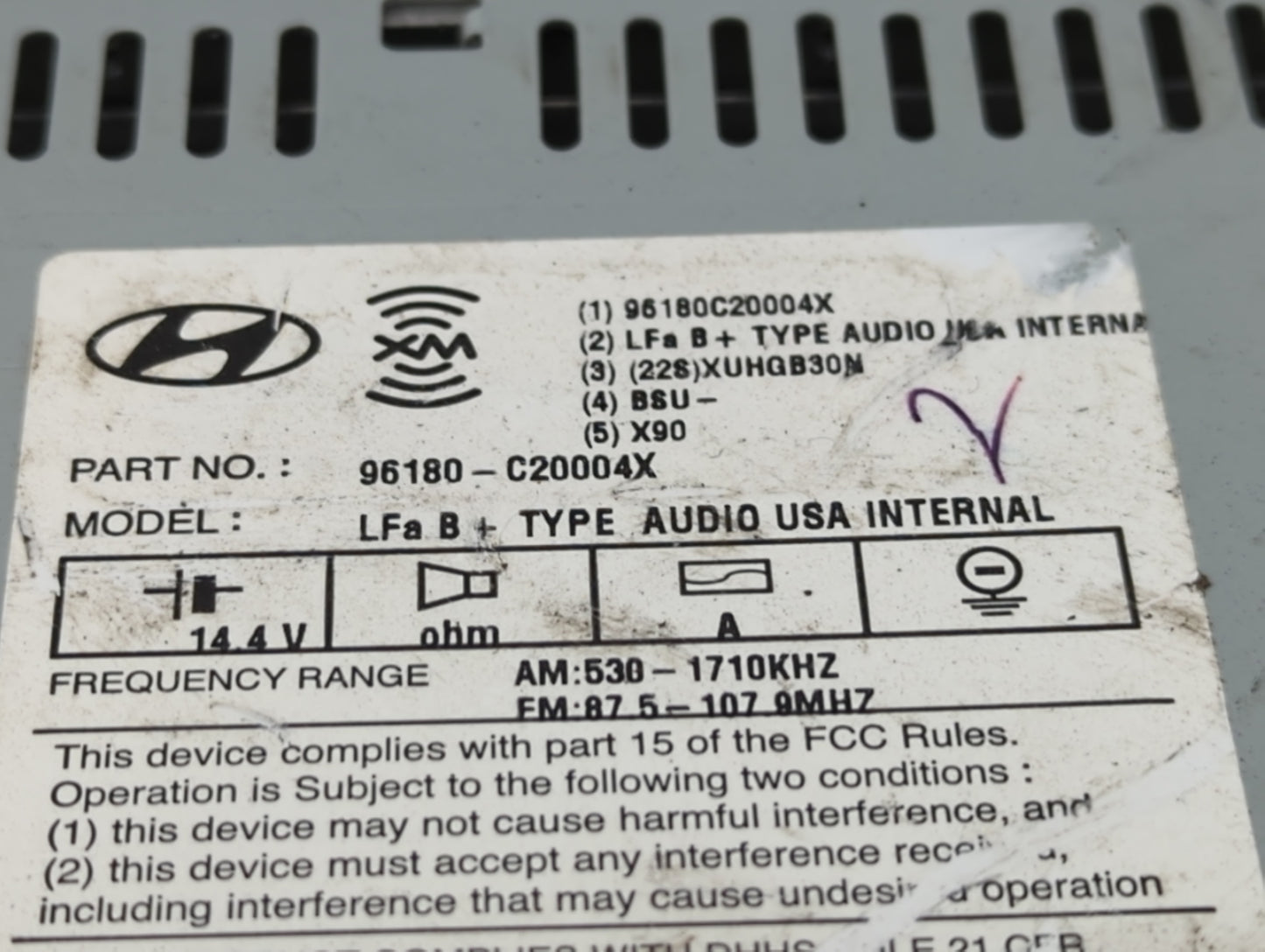 2015 Hyundai Sonata Radio AM FM Cd Player Receiver Replacement P/N:96180-C20004X Fits OEM Used Auto Parts - Oemusedautoparts