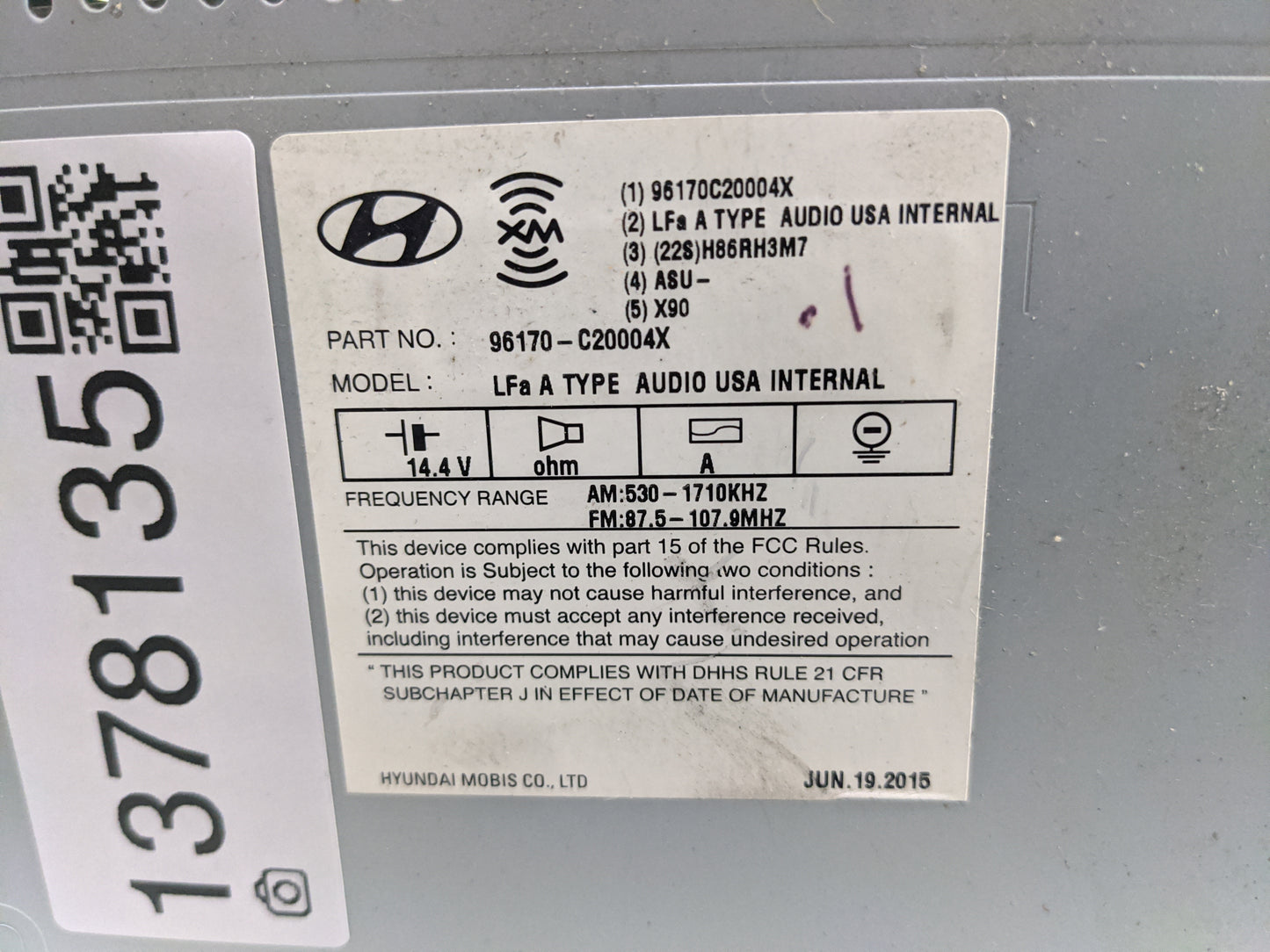 2015 Hyundai Sonata Radio AM FM Cd Player Receiver Replacement P/N:96170-C20004X Fits OEM Used Auto Parts - Oemusedautoparts