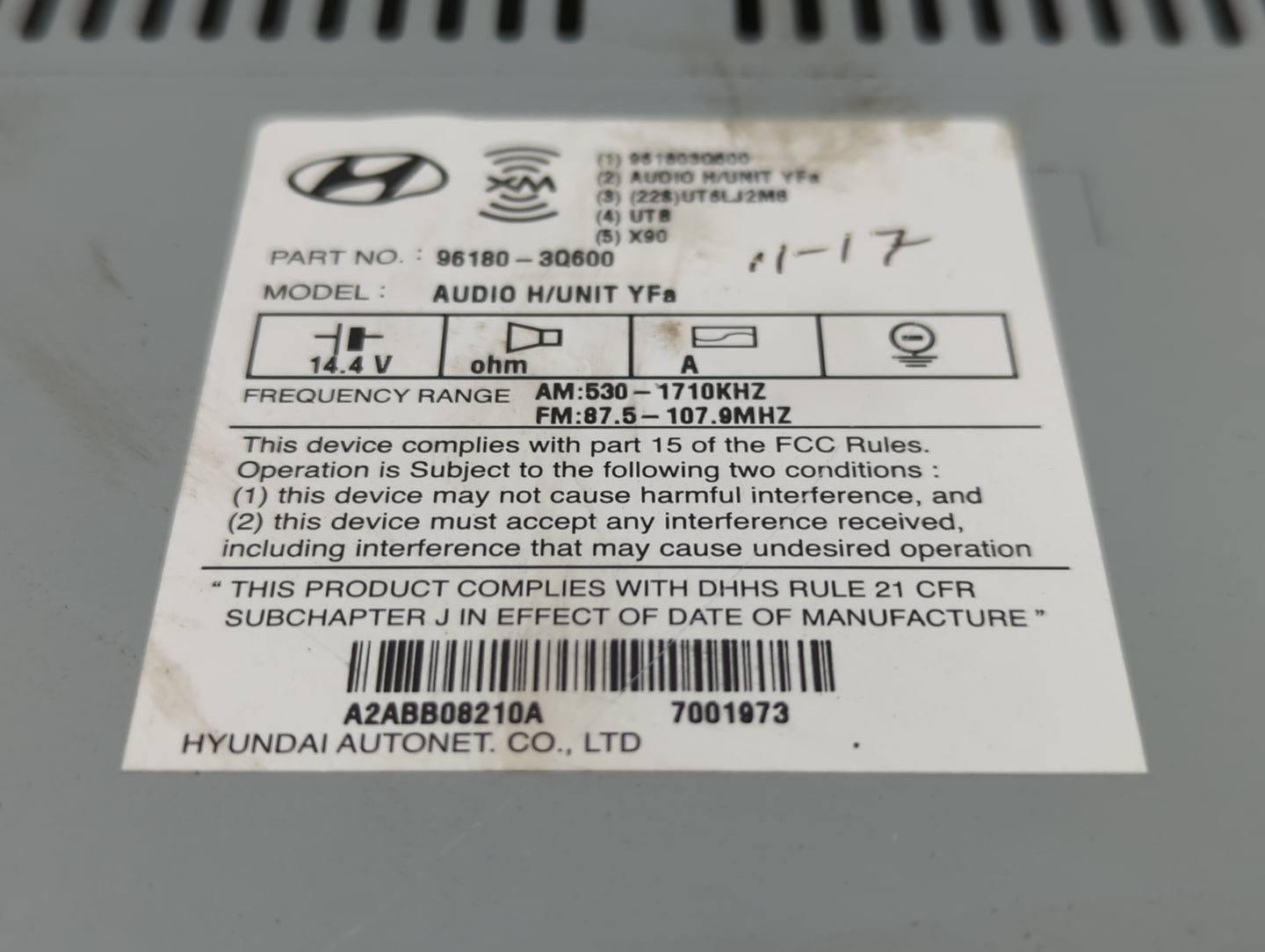 2012-2015 Hyundai Sonata Radio AM FM Cd Player Receiver Replacement P/N:96180-3Q600 Fits Fits 2012 2013 2014 2015 OEM Used A