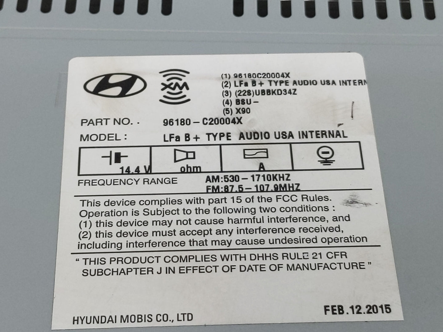 2015-2017 Hyundai Sonata Radio AM FM Cd Player Receiver Replacement P/N:96180-C20004X Fits Fits 2015 2016 2017 OEM Used Auto