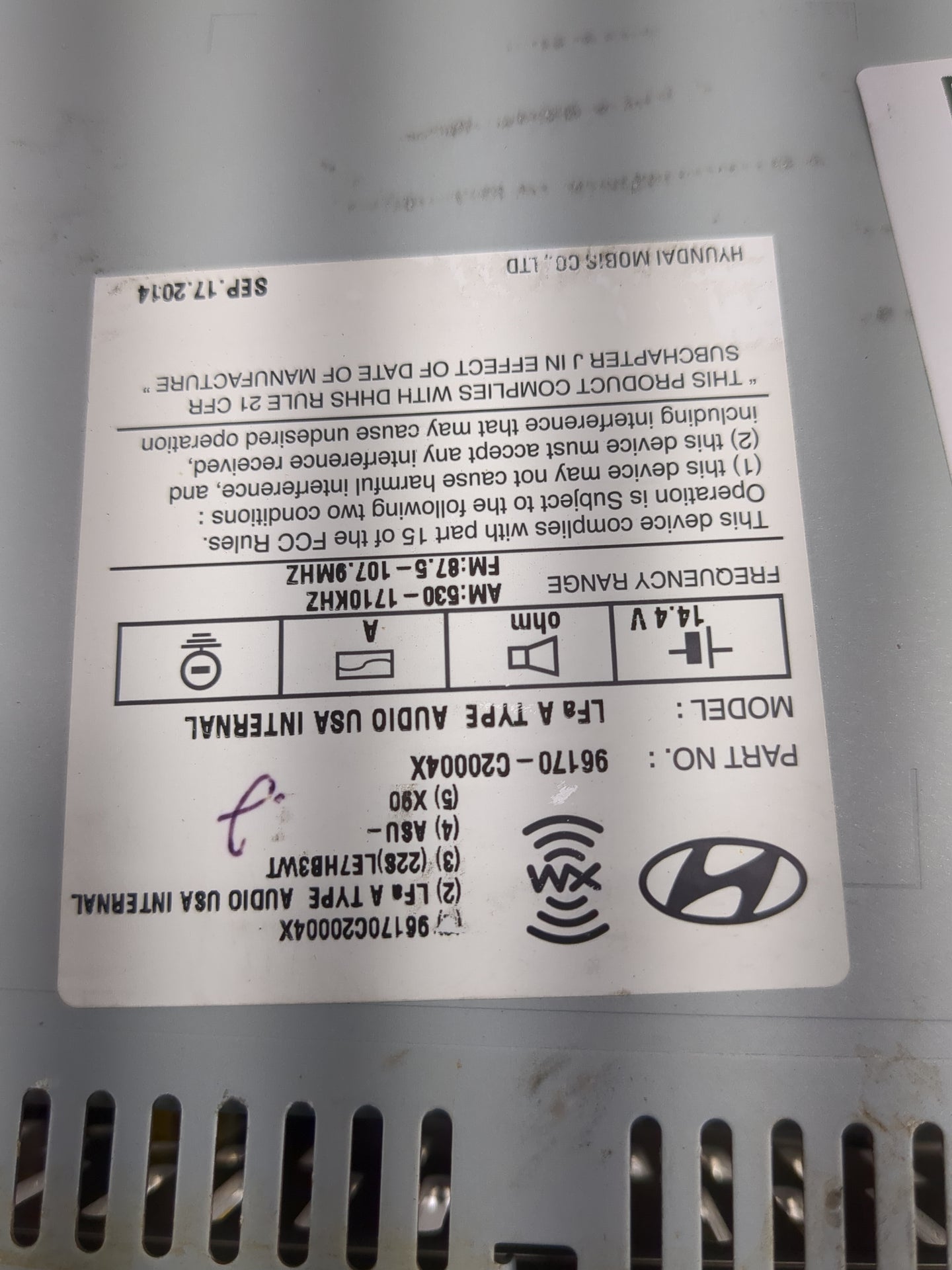 2015 Hyundai Sonata Radio AM FM Cd Player Receiver Replacement P/N:96170-C20004X Fits OEM Used Auto Parts - Oemusedautoparts