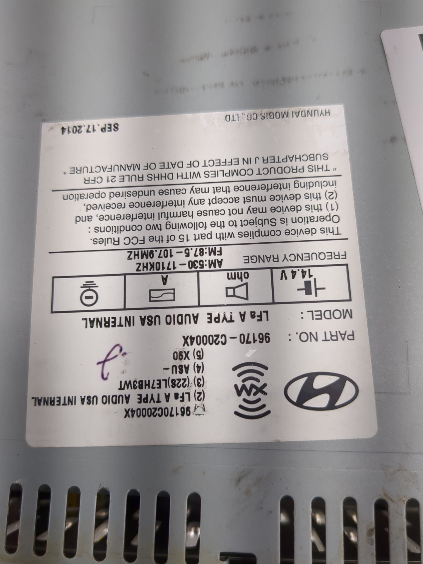 2015 Hyundai Sonata Radio AM FM Cd Player Receiver Replacement P/N:96170-C20004X Fits OEM Used Auto Parts - Oemusedautoparts