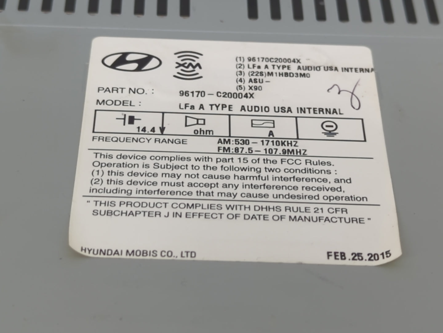2015 Hyundai Sonata Radio AM FM Cd Player Receiver Replacement P/N:96170-C20004X Fits OEM Used Auto Parts - Oemusedautoparts