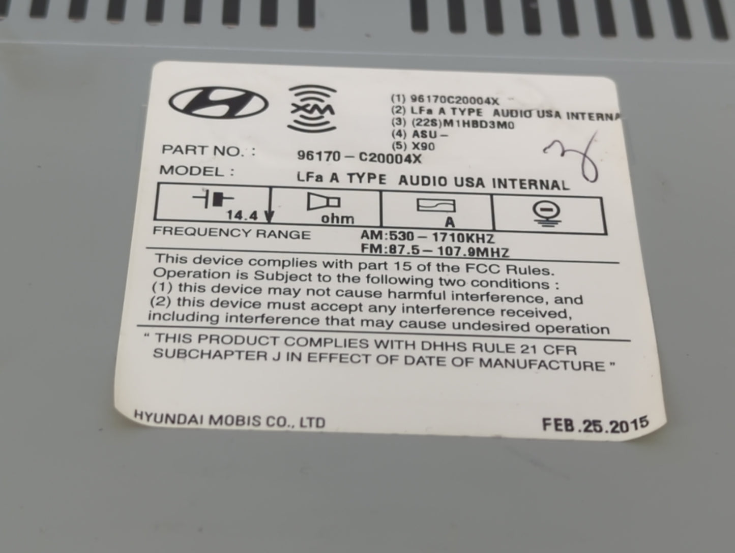 2015 Hyundai Sonata Radio AM FM Cd Player Receiver Replacement P/N:96170-C20004X Fits OEM Used Auto Parts - Oemusedautoparts