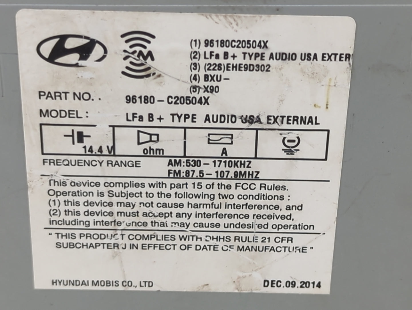 2015 Hyundai Sonata Radio AM FM Cd Player Receiver Replacement P/N:96180-C20504X A5HEC00200A Fits OEM Used Auto Parts - Oemu