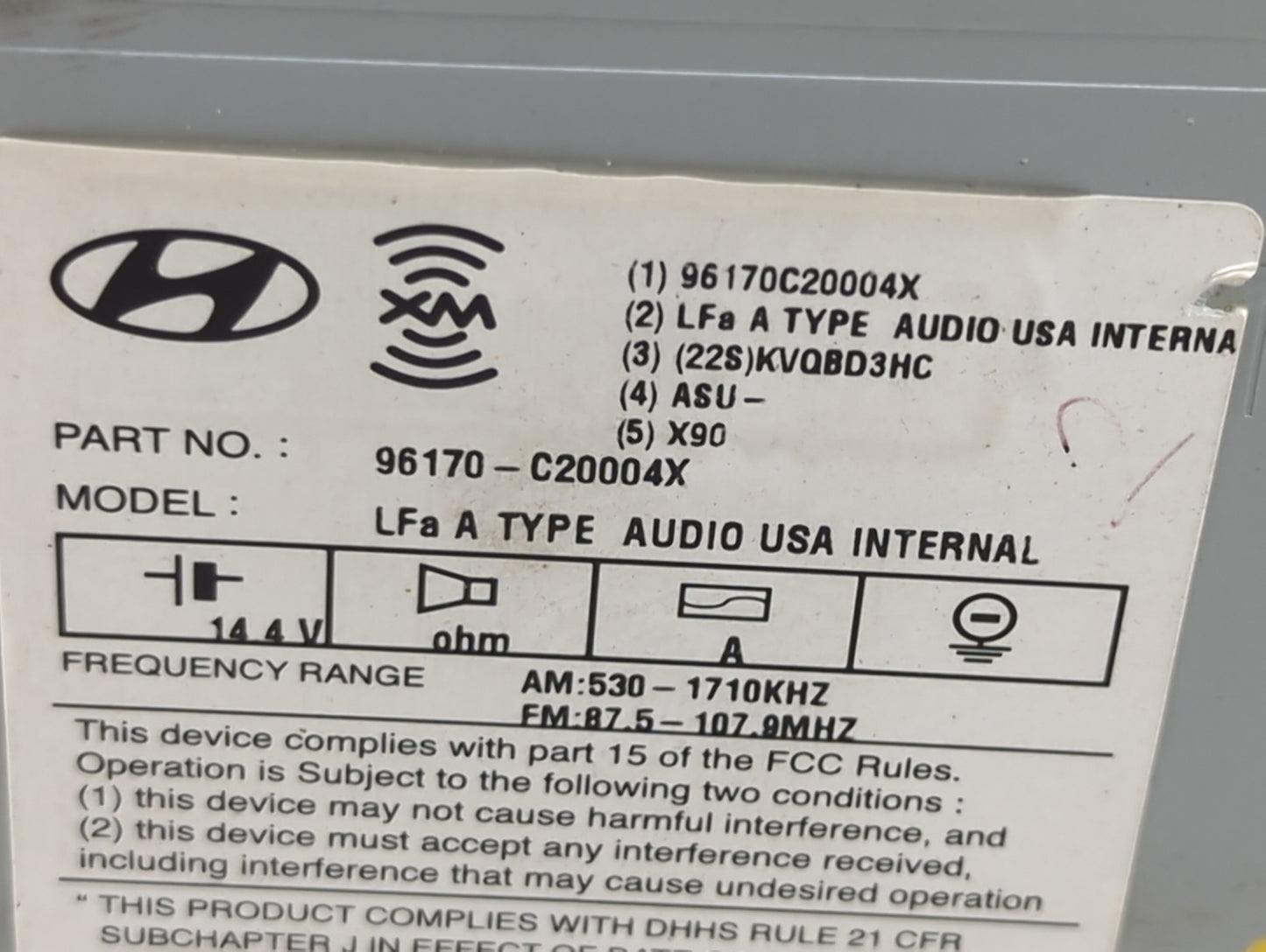 2015 Hyundai Sonata Radio AM FM Cd Player Receiver Replacement P/N:96170C20004X 96170-C20004X Fits OEM Used Auto Parts - Oem