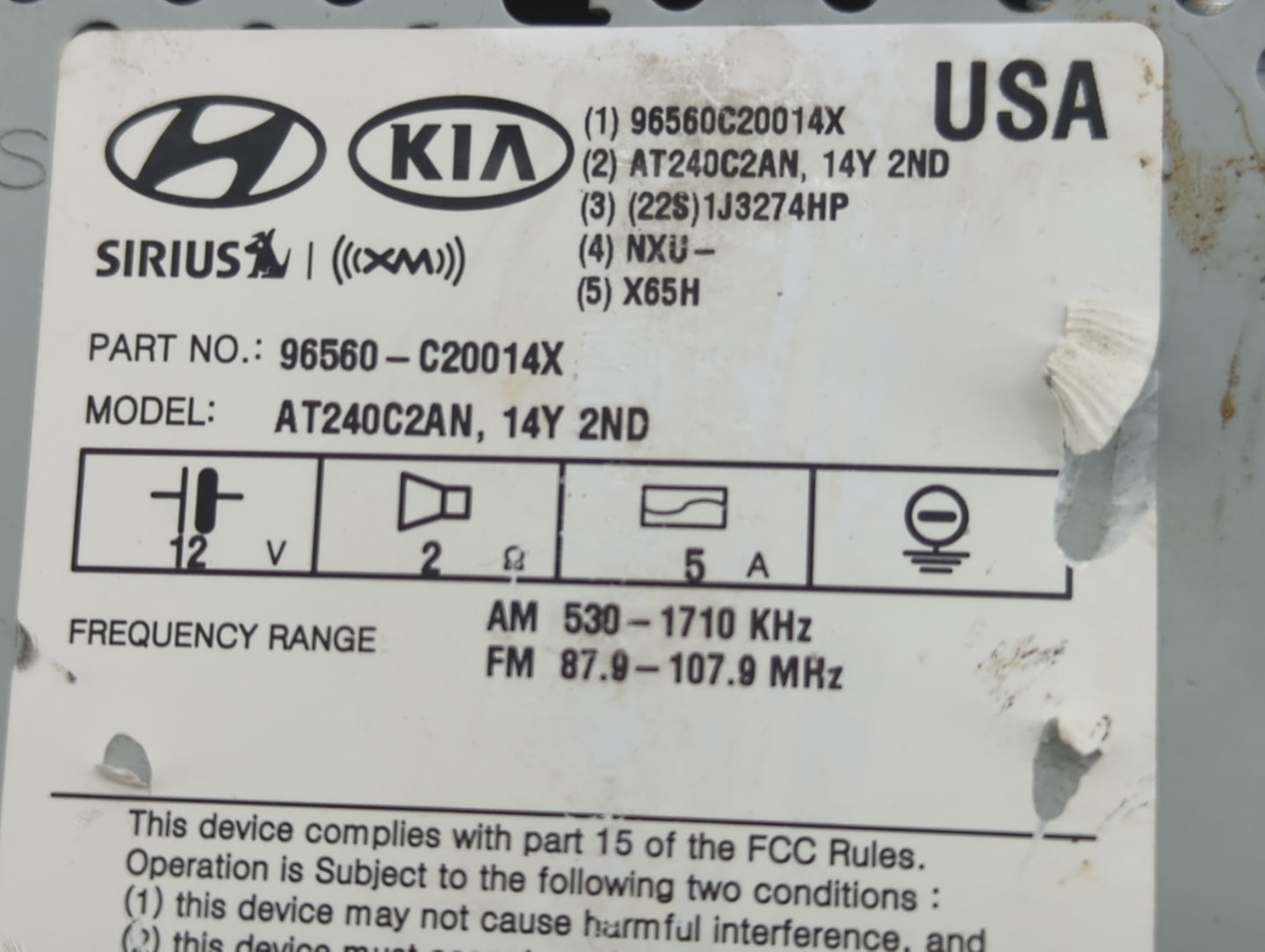2015 Hyundai Sonata Radio AM FM Cd Player Receiver Replacement P/N:96560-C20014X AT240C2AN, D3565 51050 Fits OEM Used Auto P