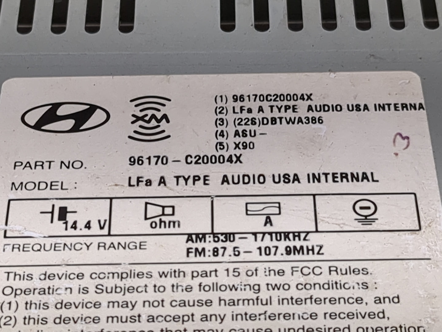 2015 Hyundai Sonata Radio AM FM Cd Player Receiver Replacement P/N:96170-C20004X 96170C20004X Fits OEM Used Auto Parts - Oem