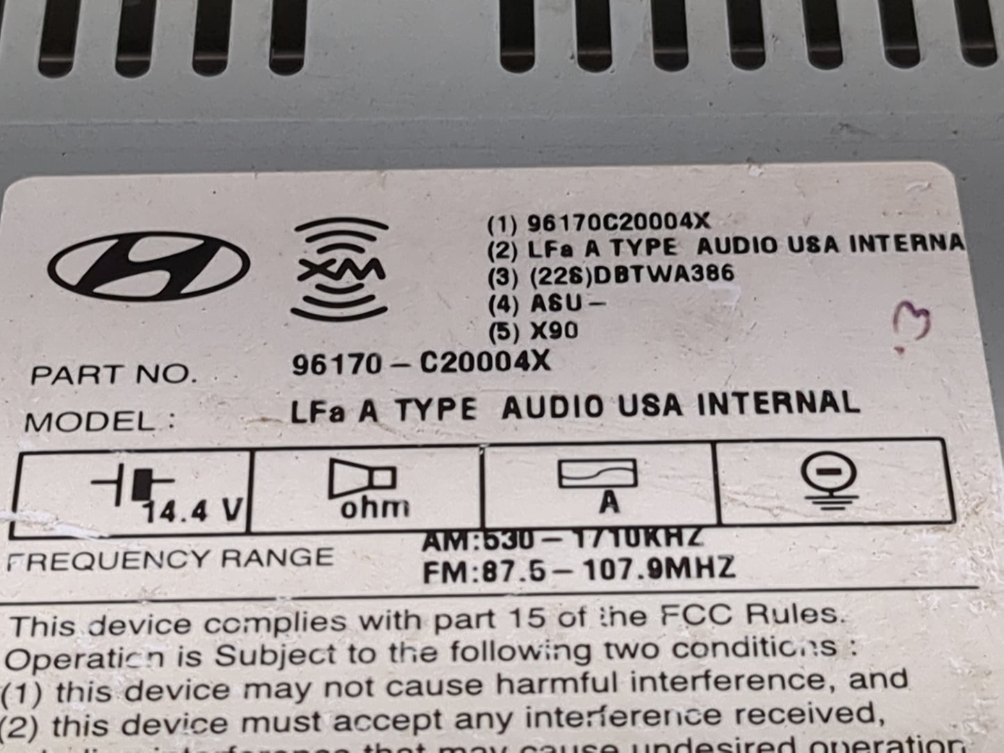 2015 Hyundai Sonata Radio AM FM Cd Player Receiver Replacement P/N:96170-C20004X 96170C20004X Fits OEM Used Auto Parts - Oem