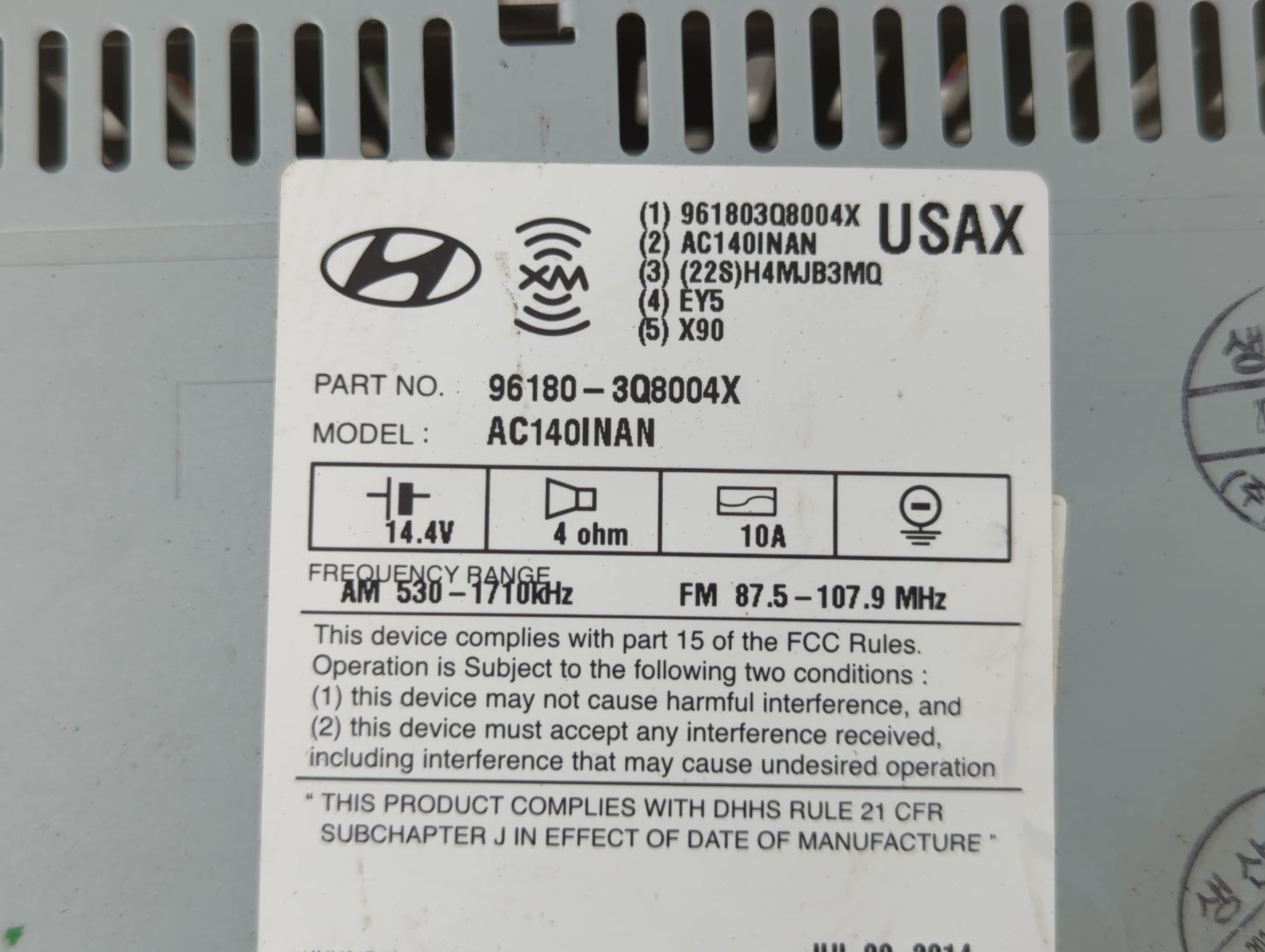 2014-2015 Hyundai Sonata Radio AM FM Cd Player Receiver Replacement P/N:96180-3Q8004X Fits Fits 2014 2015 OEM Used Auto Part