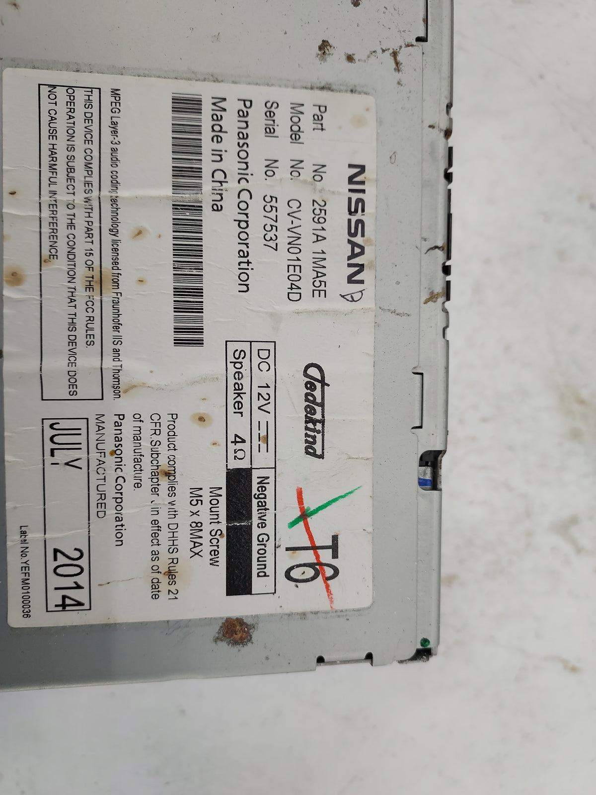 2015 Infiniti Q40 Radio AM FM Cd Player Receiver Replacement P/N:2591A 1MA5E CV-VN01E04D Fits Fits 2011 2012 2013 2014 2016 