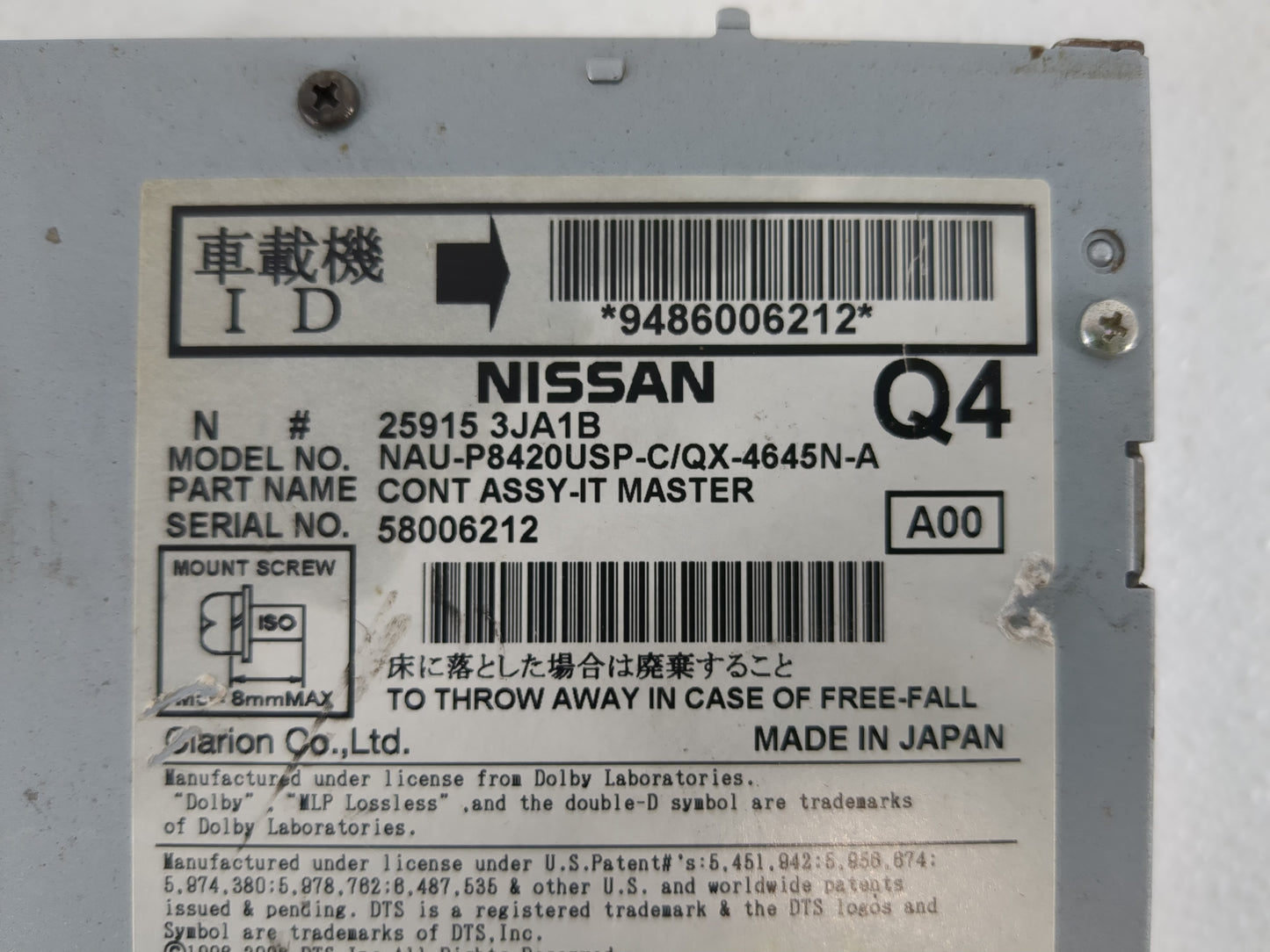 2014-2016 Infiniti Qx60 Radio AM FM Cd Player Receiver Replacement P/N:25915 3JA1B Fits Fits 2013 2014 2015 2016 OEM Used Au