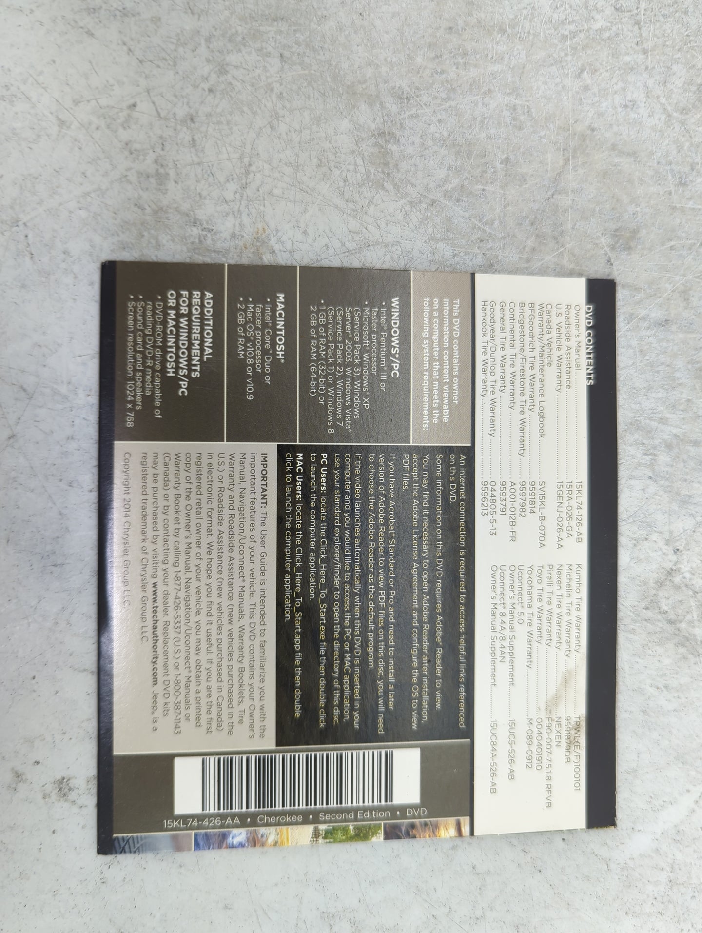 2015 Jeep Cherokee Owners Manual Book Guide P/N:15KL74-926-AA 15KL74-426-AA OEM Used Auto Parts - Oemusedautoparts1.com