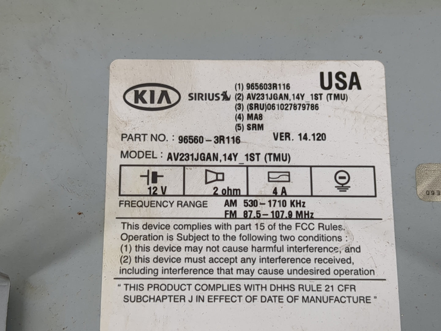 2014-2016 Kia Cadenza Radio AM FM Cd Player Receiver Replacement P/N:96560-3R116 Fits Fits 2014 2015 2016 OEM Used Auto Part