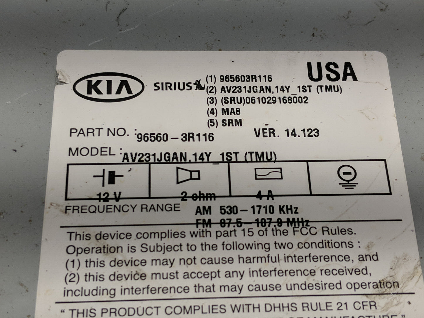 2014-2015 Kia Cadenza Radio AM FM Cd Player Receiver Replacement P/N:96560-3R116 Fits Fits 2014 2015 OEM Used Auto Parts - O