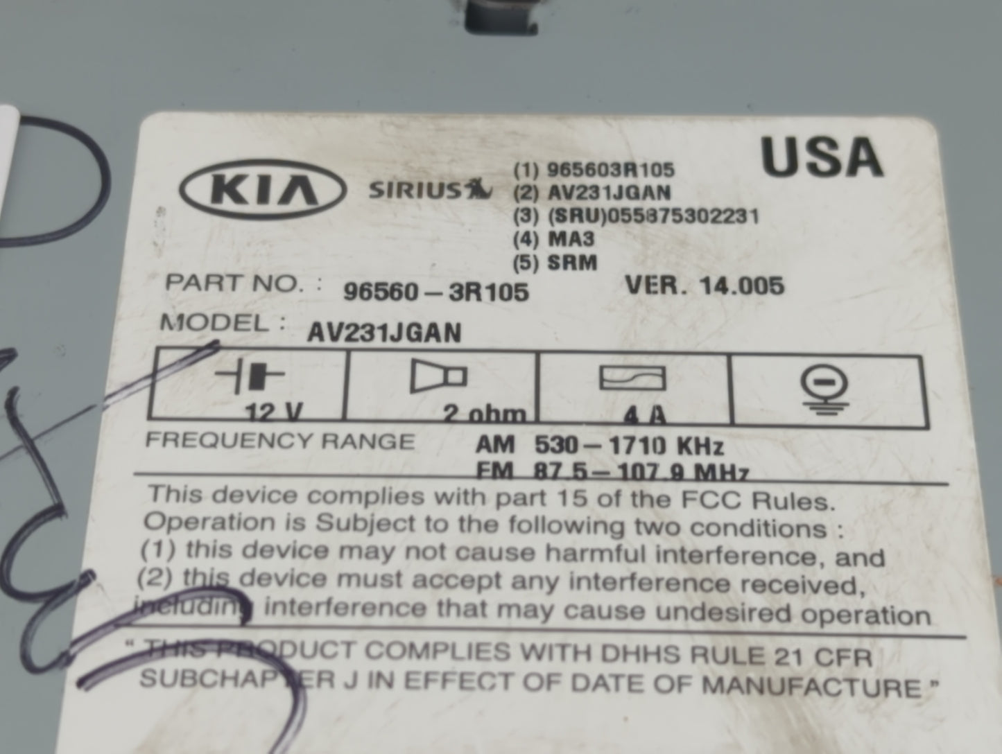 2014-2015 Kia Cadenza Radio AM FM Cd Player Receiver Replacement P/N:96560-3R105 96560-3R116 Fits Fits 2014 2015 OEM Used Au