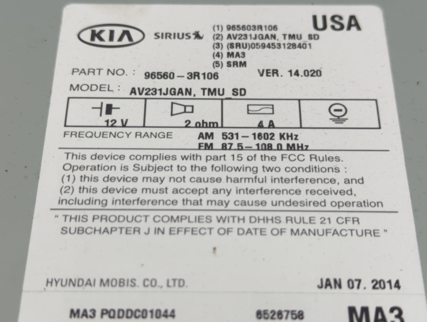2014-2015 Kia Cadenza Radio AM FM Cd Player Receiver Replacement P/N:96560-3R106 Fits Fits 2014 2015 OEM Used Auto Parts - O