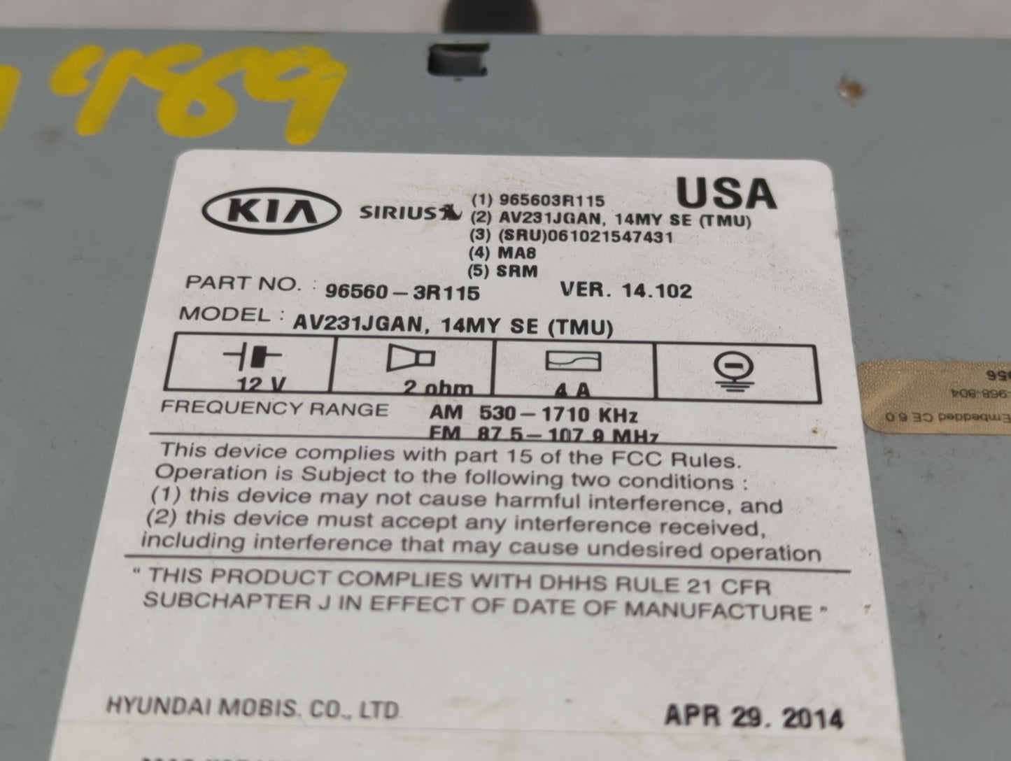 2014-2015 Kia Cadenza Radio AM FM Cd Player Receiver Replacement P/N:96560-3R115 Fits Fits 2014 2015 OEM Used Auto Parts - O