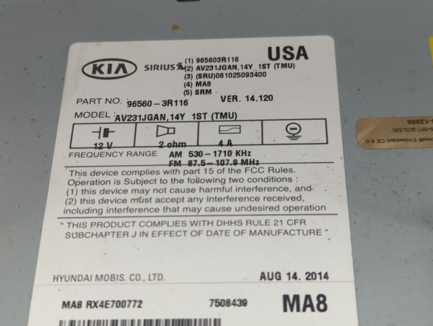 2014-2015 Kia Cadenza Radio AM FM Cd Player Receiver Replacement P/N:96560-3R116 965603R116, AV231JGAN Fits Fits 2014 2015 O