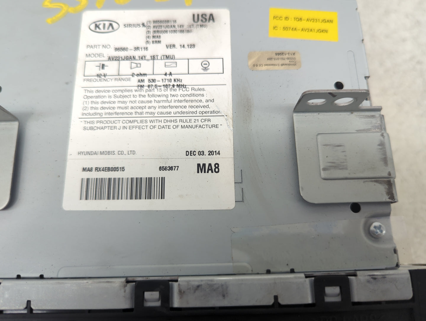 2014-2016 Kia Cadenza Radio AM FM Cd Player Receiver Replacement P/N:96560-3R116 965603R116 Fits Fits 2014 2015 2016 OEM Use