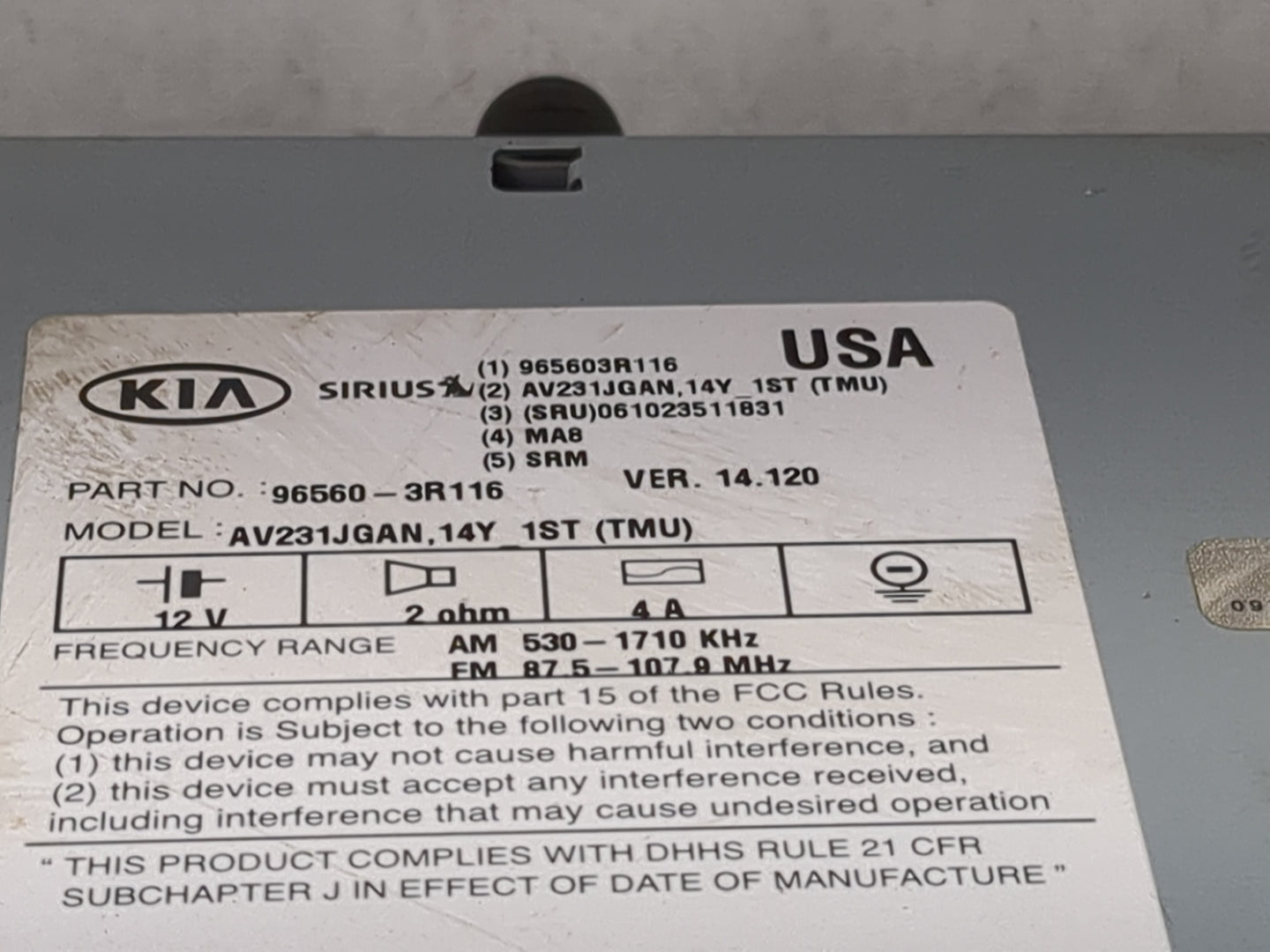 2014-2015 Kia Cadenza Radio AM FM Cd Player Receiver Replacement P/N:965603R116 96560-3R116 Fits Fits 2014 2015 OEM Used Aut