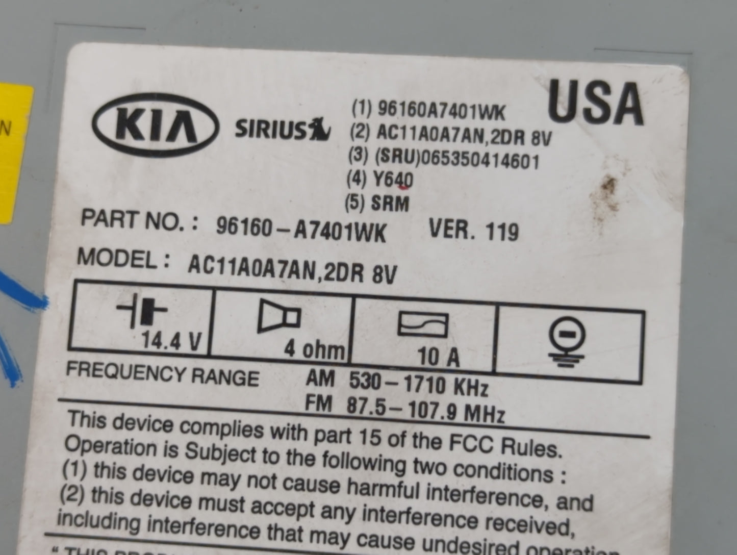 2014-2016 Kia Forte Radio AM FM Cd Player Receiver Replacement P/N:96160-A7401WK Fits Fits 2014 2015 2016 OEM Used Auto Part