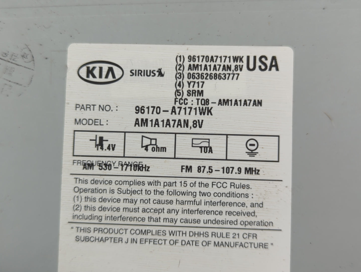 2014-2016 Kia Forte Radio AM FM Cd Player Receiver Replacement P/N:96170-A7171WK Fits Fits 2014 2015 2016 OEM Used Auto Part
