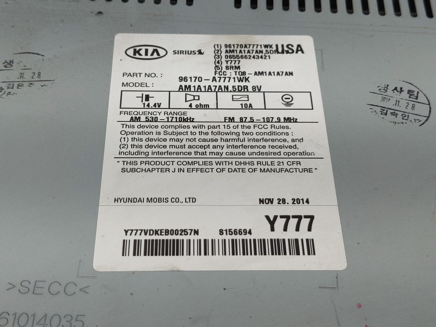 2014-2016 Kia Forte Radio AM FM Cd Player Receiver Replacement P/N:96170-A7771WK Fits Fits 2014 2015 2016 OEM Used Auto Part
