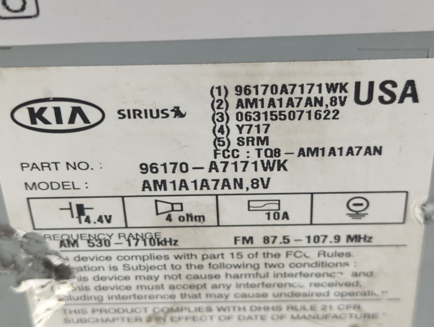 2014-2016 Kia Forte Radio AM FM Cd Player Receiver Replacement P/N:96170-A7171WK Fits Fits 2014 2015 2016 OEM Used Auto Part