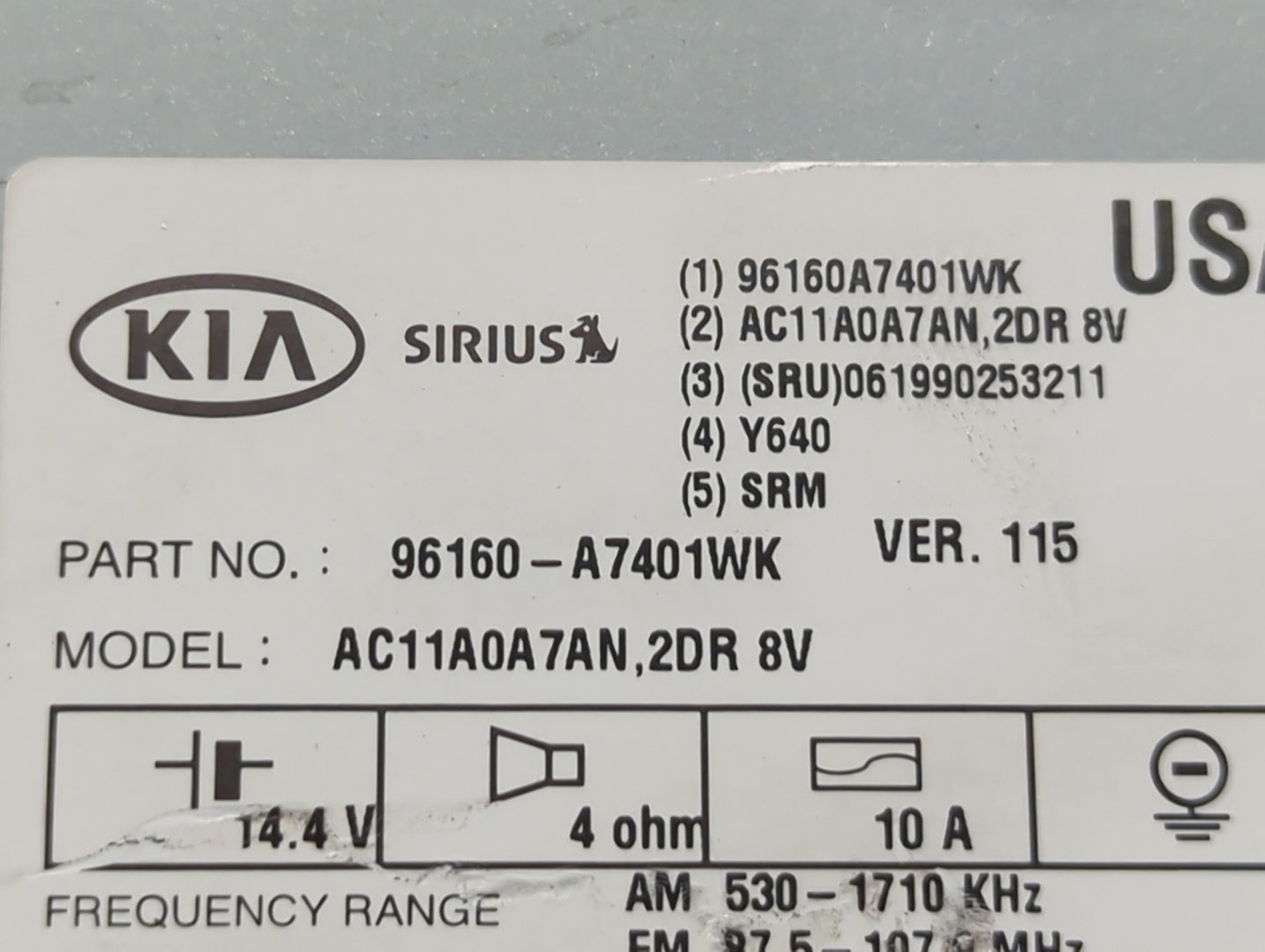 2014-2016 Kia Forte Radio AM FM Cd Player Receiver Replacement P/N:96160-A7401WK Fits Fits 2014 2015 2016 OEM Used Auto Part