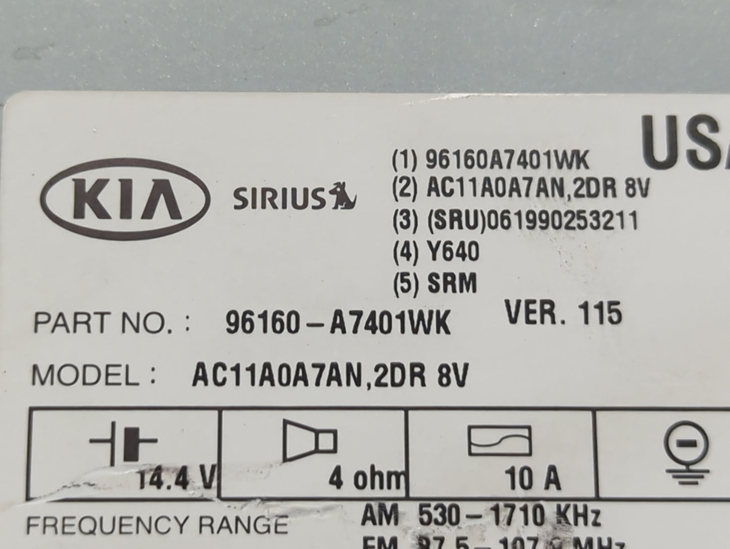 2014-2016 Kia Forte Radio AM FM Cd Player Receiver Replacement P/N:96160-A7401WK Fits Fits 2014 2015 2016 OEM Used Auto Part