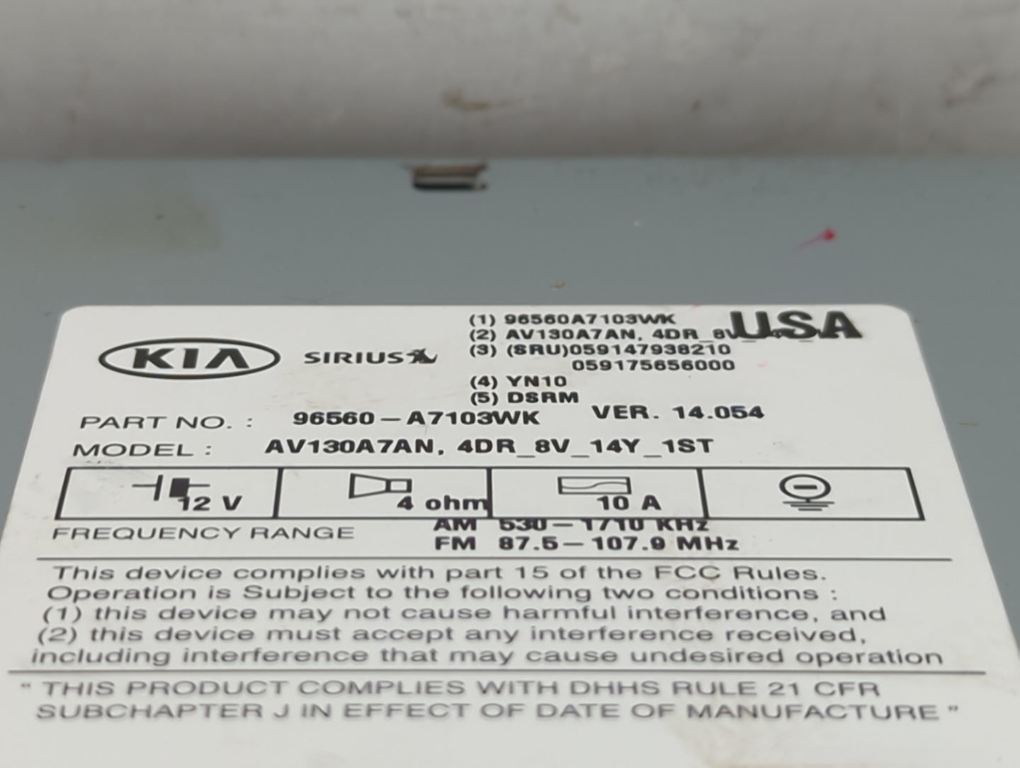 2014-2016 Kia Forte Radio AM FM Cd Player Receiver Replacement P/N:96560-A7103WK AV130A7AN Fits Fits 2014 2015 2016 OEM Used